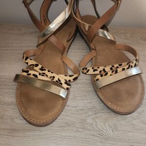 Report Quinbly Leopard Haircalf Gold Metallic Strappy Gladiator Sandals Womens 8